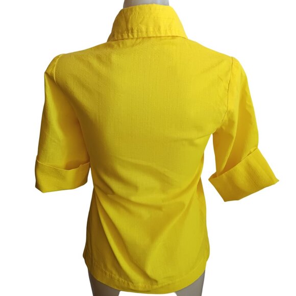 1Of1 Women's XS Vintage Yellow Button-Up Blouse Fold-Over 3/4 Sleeves Handmade - Picture 3 of 9